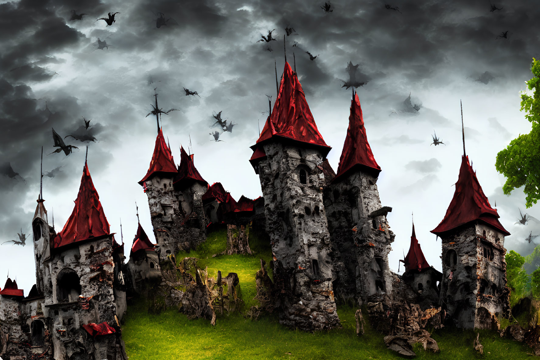 Dark Fantasy Landscape with Eerie Castles on Rugged Rocks
