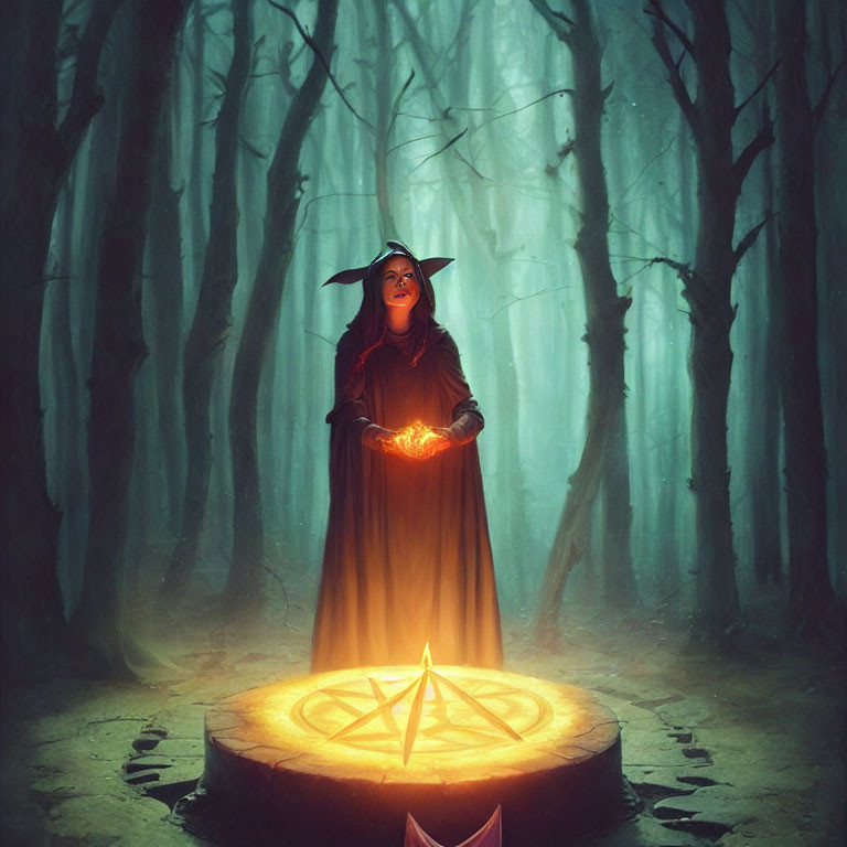 Mystical forest scene with cloaked figure casting spell in pentagram