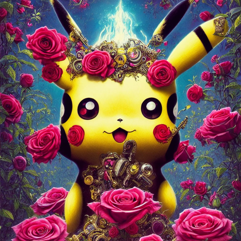 Ornate Pikachu with roses and jewelry on blue floral backdrop