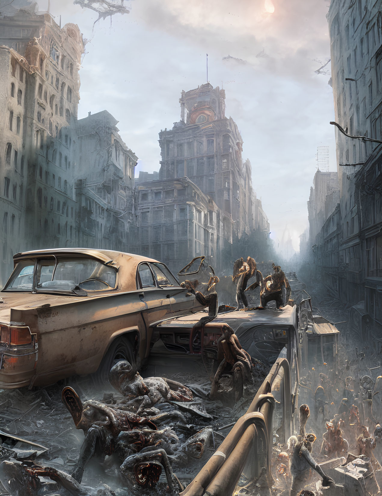 Desolate post-apocalyptic cityscape with ruins and creatures