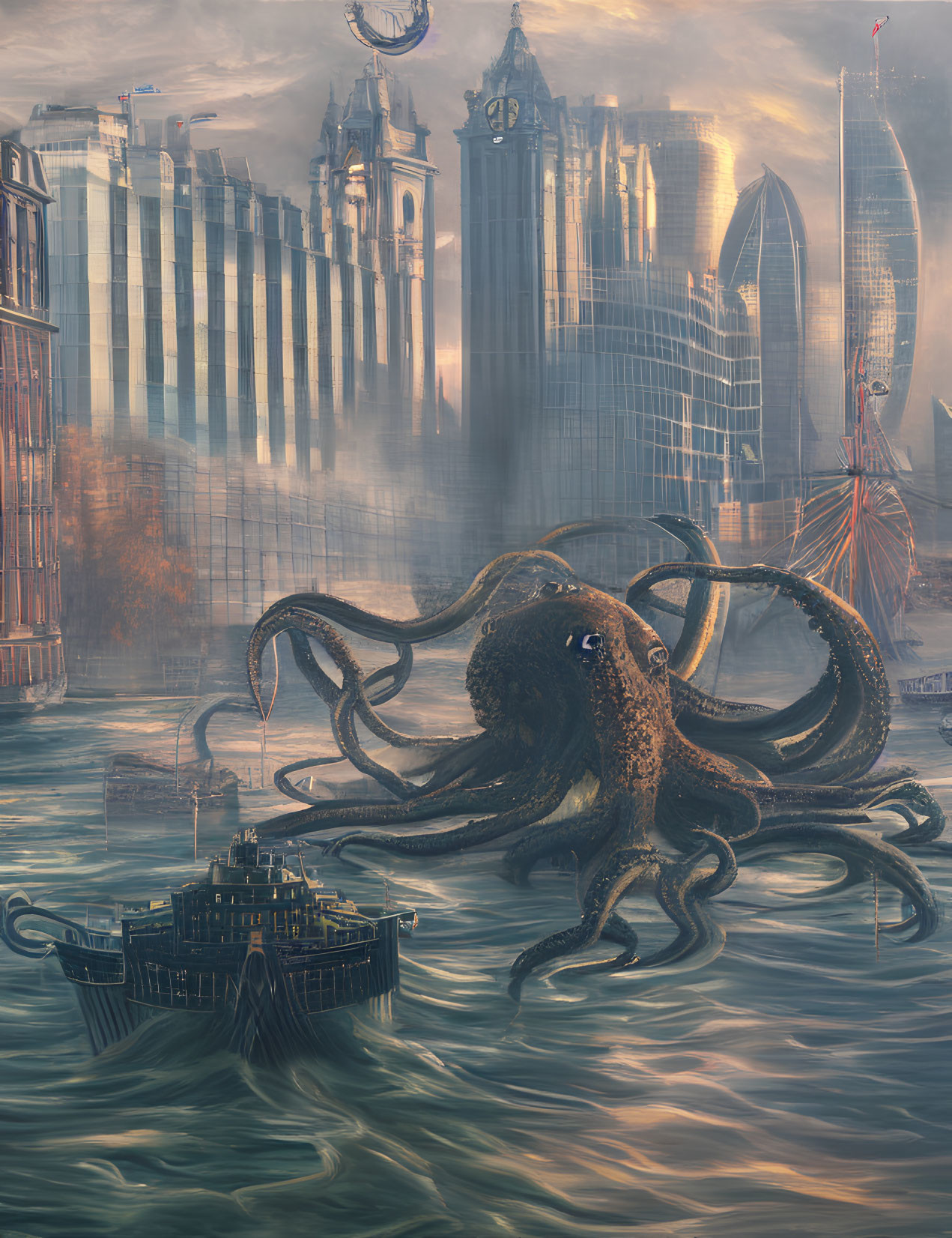 Giant octopus in front of futuristic cityscape and tall buildings under orange sky