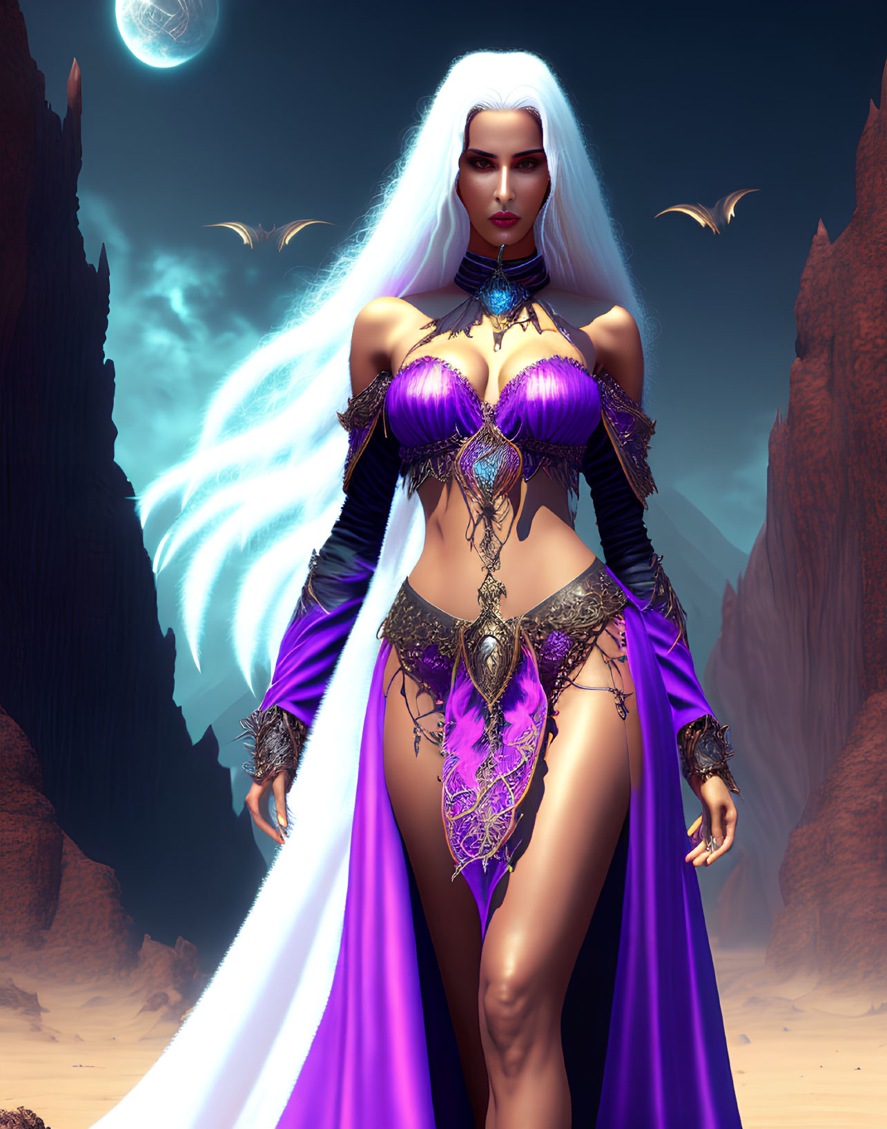 Fantasy image of woman in white hair, purple and gold attire in desert with two moons