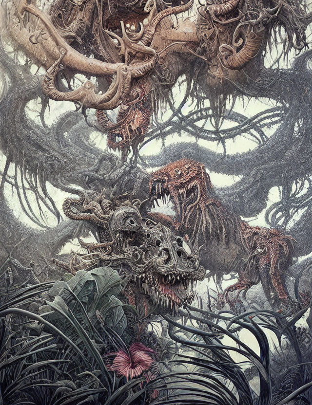 Detailed surreal illustration of fantastical creatures in dense foliage
