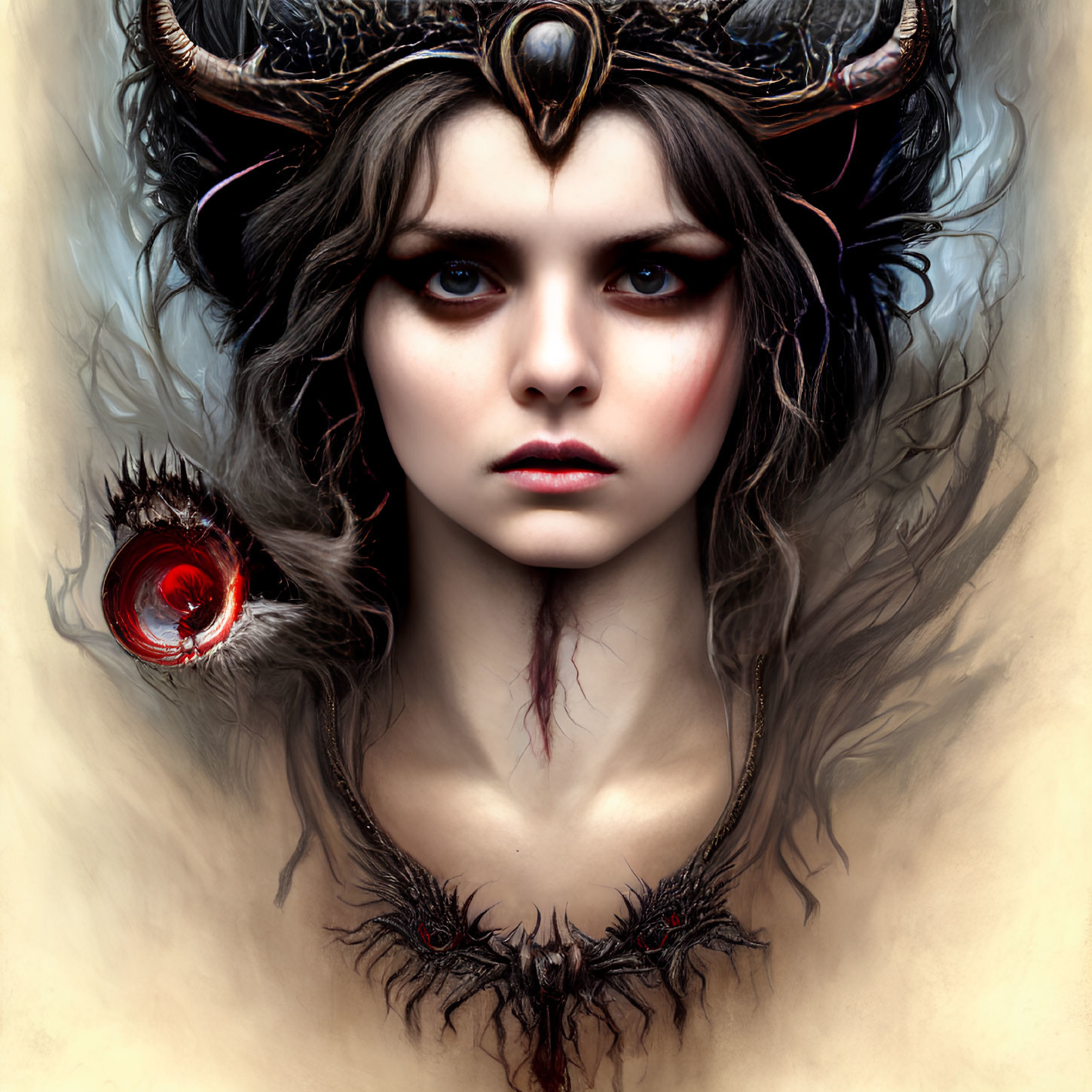 Dark-haired woman with horned headdress holding red orb - fantasy illustration