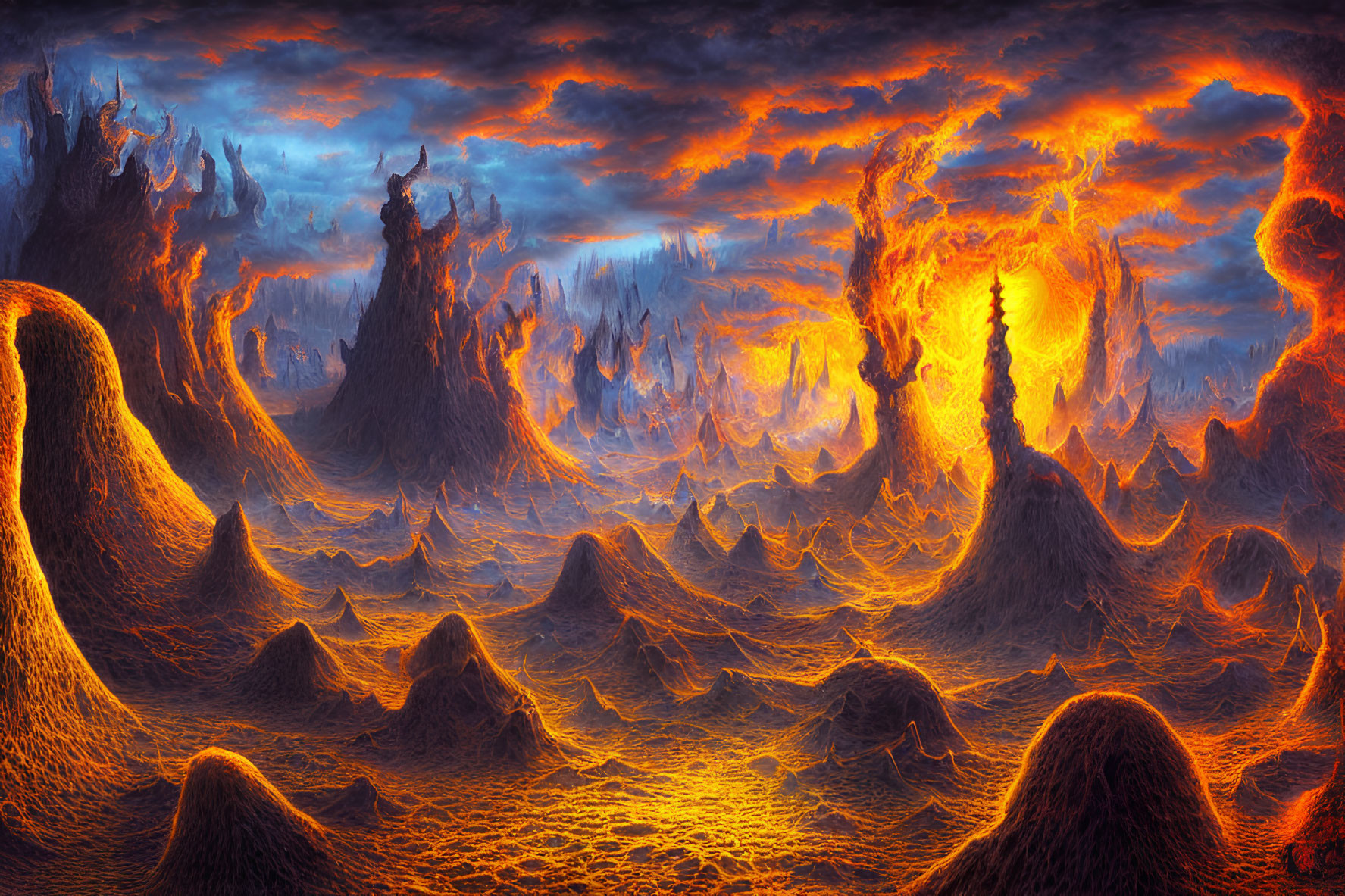 Dramatic volcanic landscape with molten lava and red-orange sky