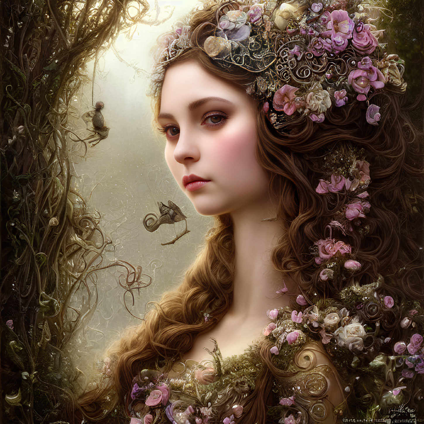 Woman with Flowered Hair and Fantasy Backdrop