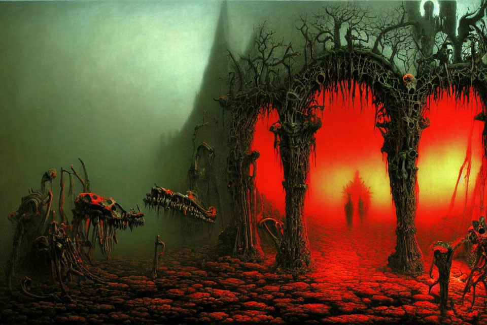 Eerie landscape with skeletal creatures and red sky