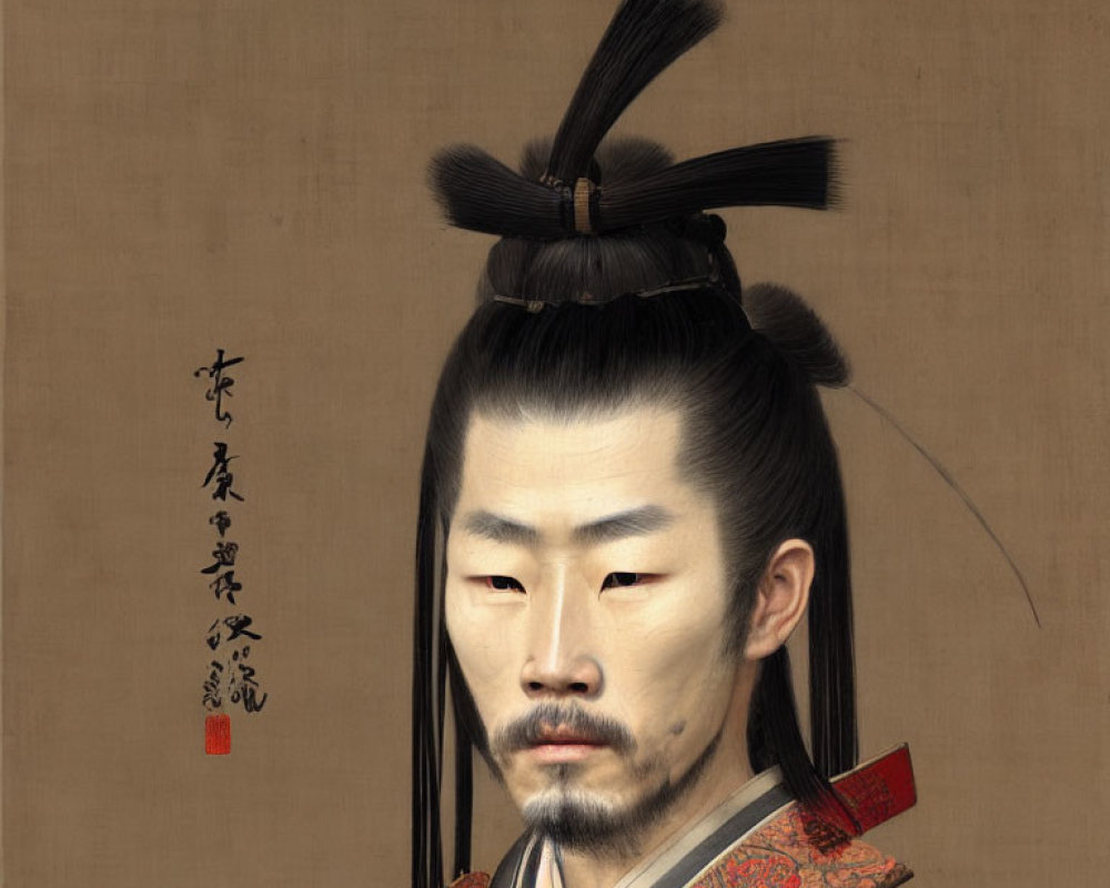Asian portrait of man in formal attire with topknot and facial hair