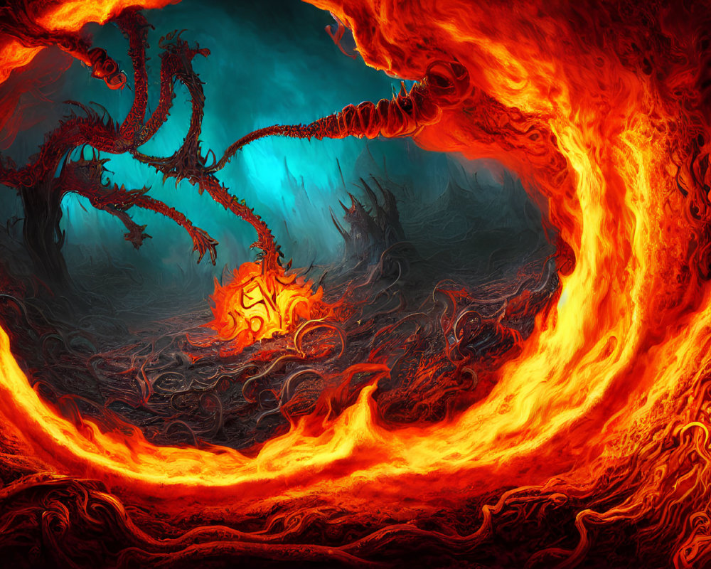 Fiery swirling inferno with dark shapes and glowing symbol