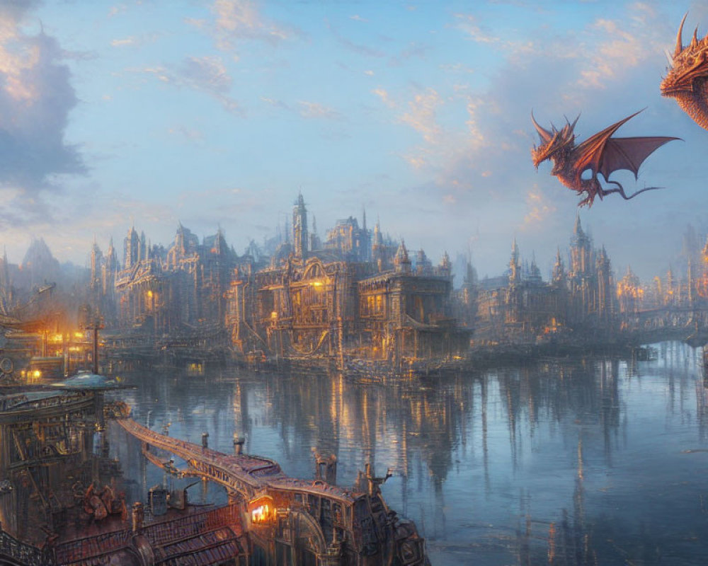 Fantastical cityscape with ornate buildings, river, dragon, and golden light