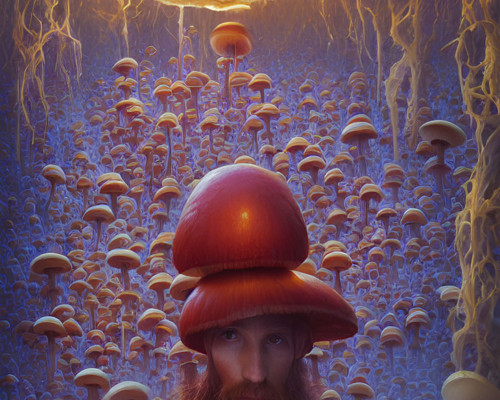 Serene person in large mushroom hat in fantastical glowing mushroom landscape