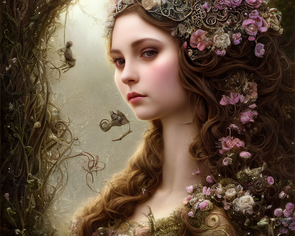Woman with Flowered Hair and Fantasy Backdrop