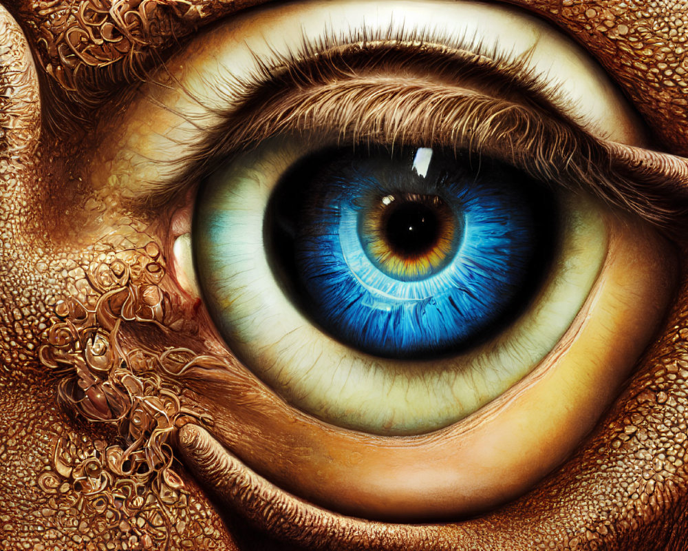 Detailed Vibrant Blue Eye Surrounded by Ornate Textures and Patterns