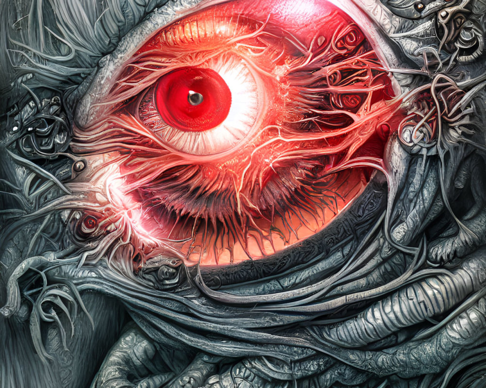 Vivid red eye in surreal cybernetic digital art
