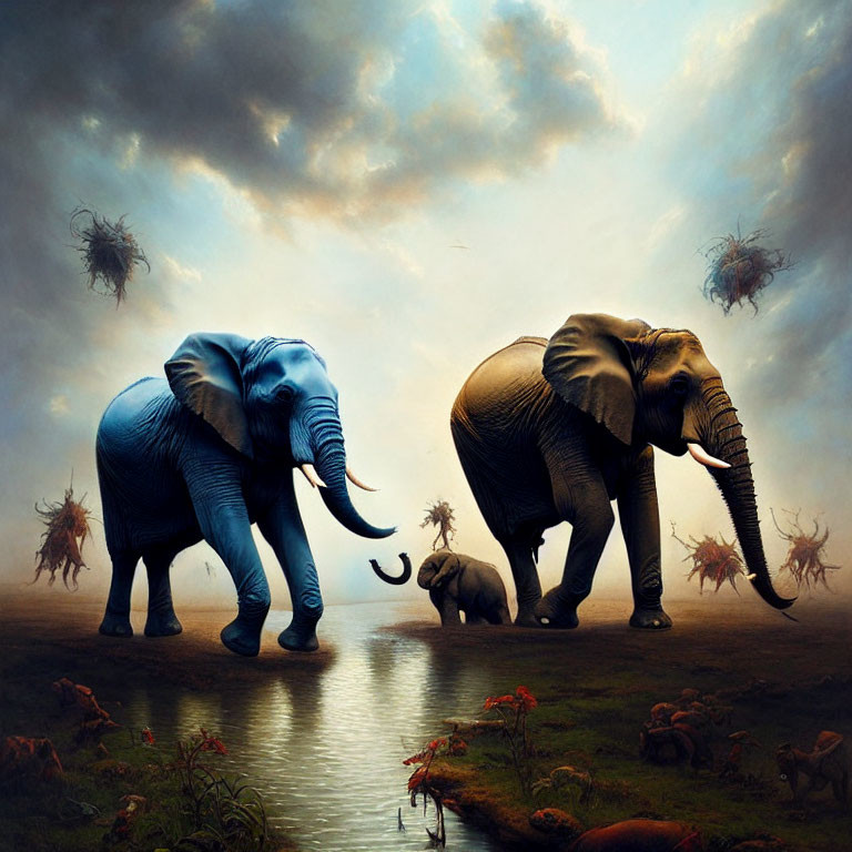Surreal landscape with elephants crossing shallow waters