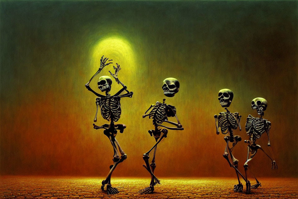 Four Skeletons in Different Poses Under Glowing Yellow Orb