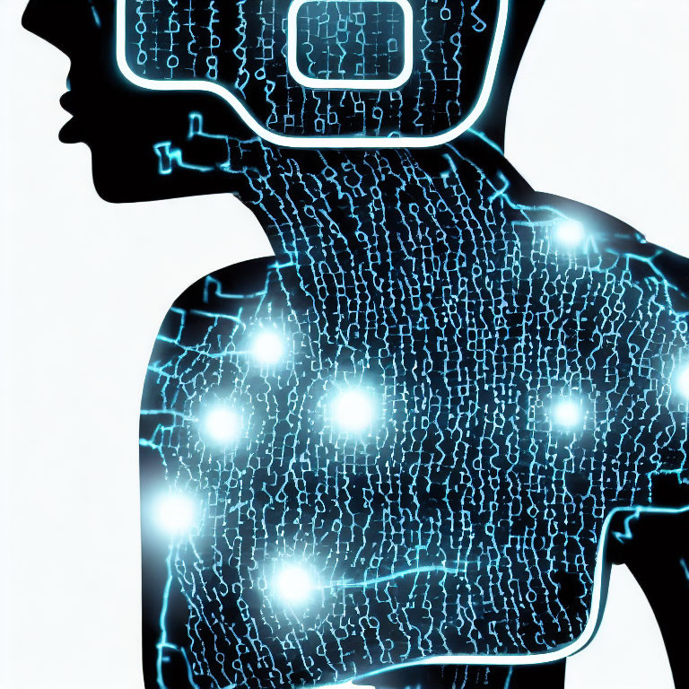 Human head silhouette with digital circuit pattern and glowing nodes.