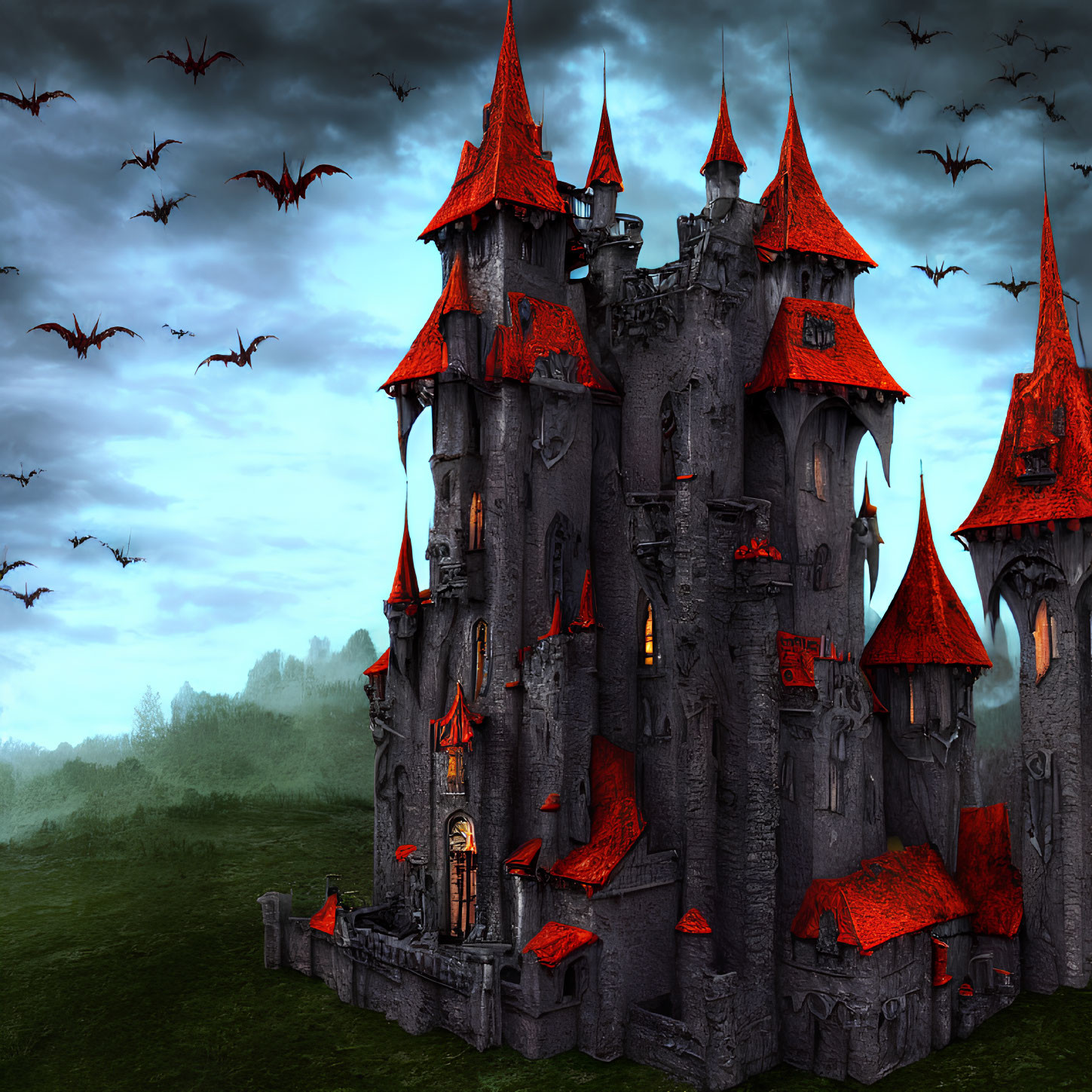 Stone castle with red roofs, spires, battlements, and flying bats under dusky sky
