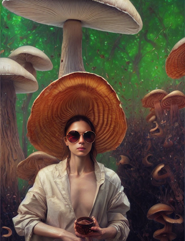 Woman with sunglasses surrounded by oversized mushrooms in a fantastical forest holding a cup