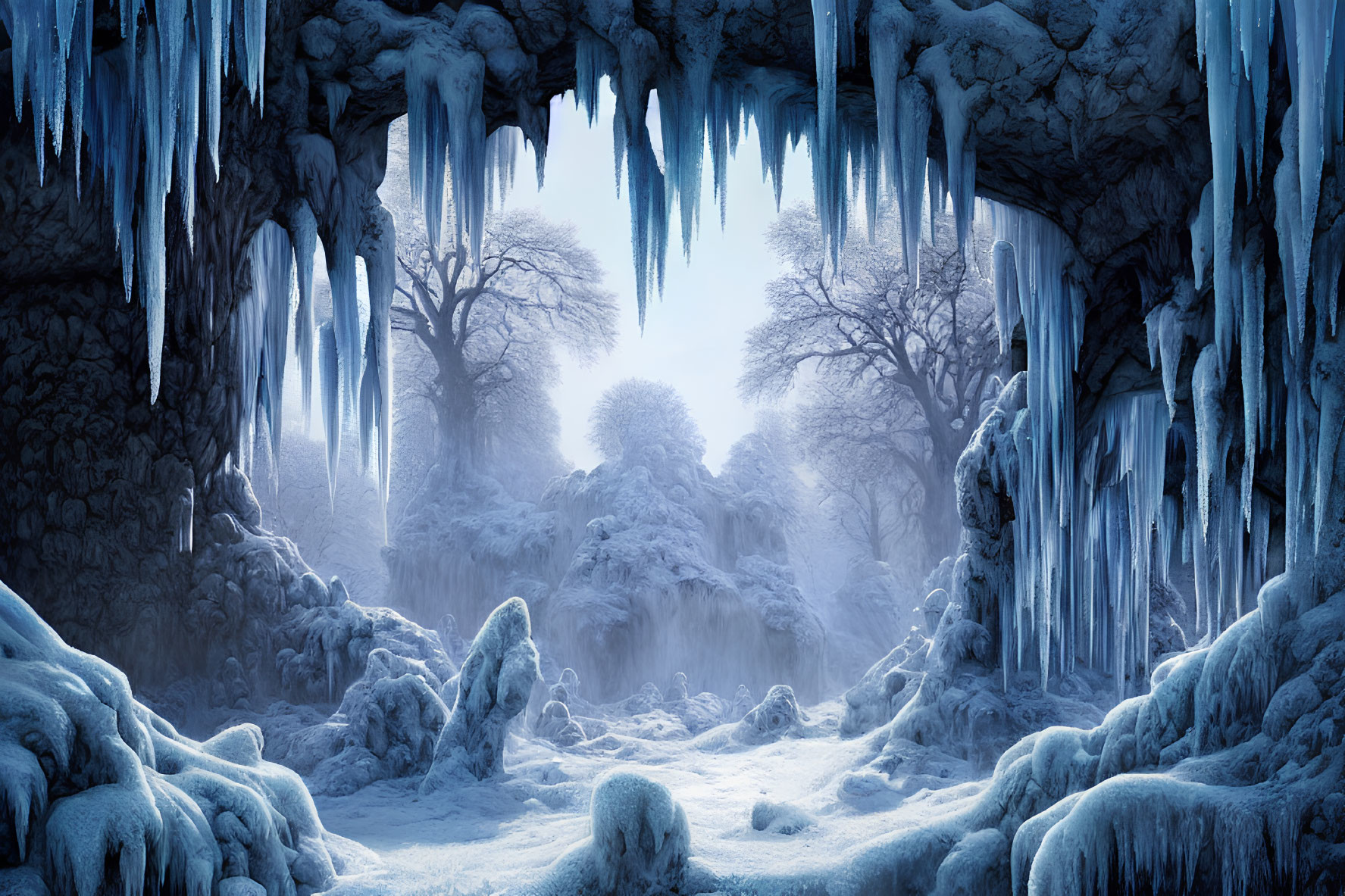 Snow-covered winter landscape with icicles and misty ambiance