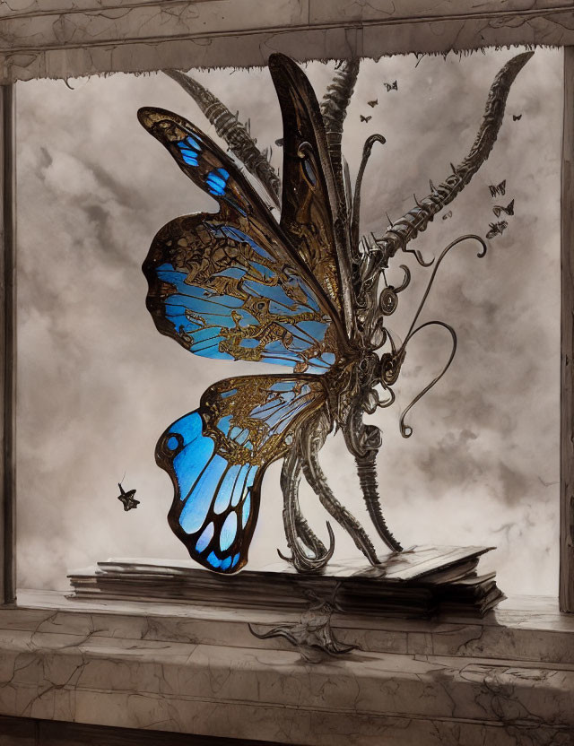 Mechanical butterfly with blue wings on open book by window