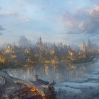Fantastical cityscape with ornate buildings, river, dragon, and golden light