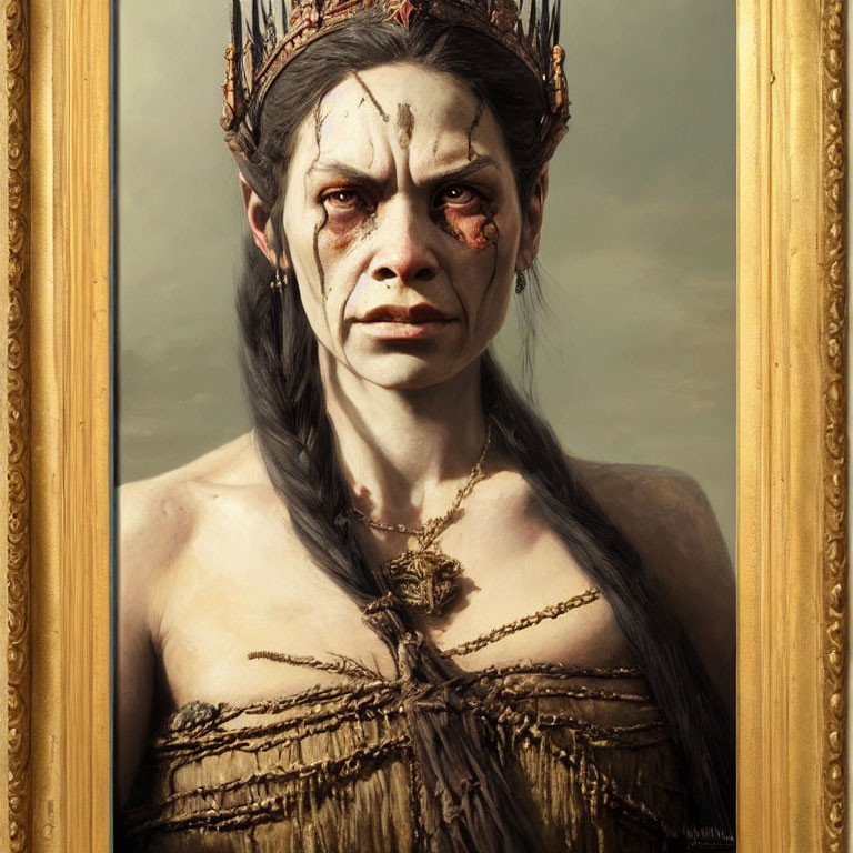 Portrait of woman with tribal face paint and crown in ornate golden frame