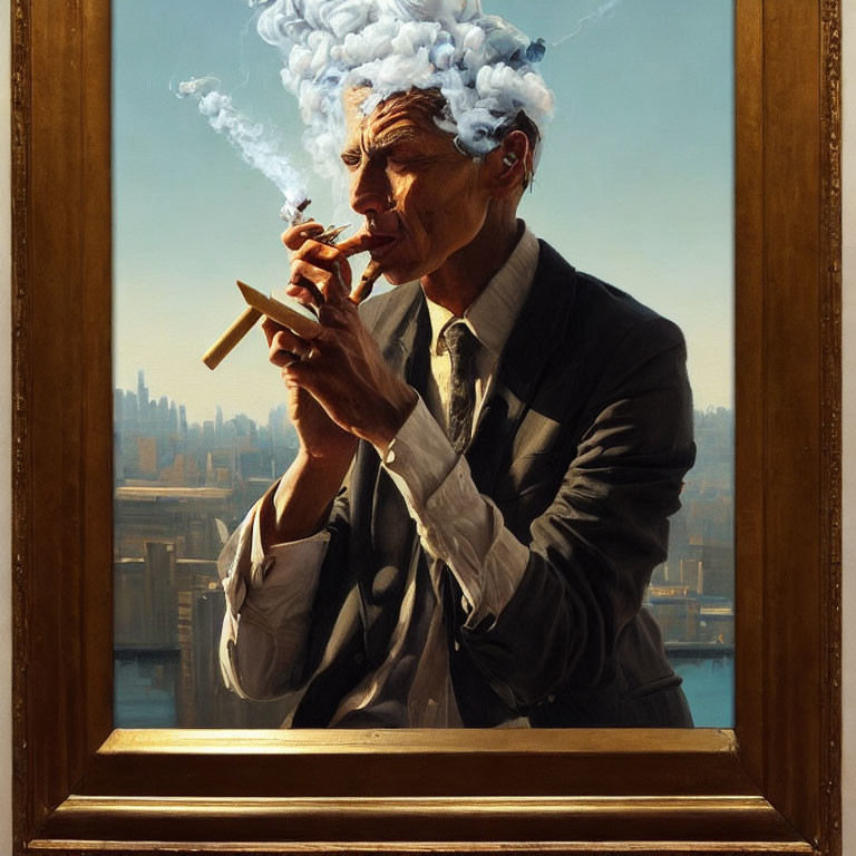 Man in elegant suit smoking pipe with cityscape backdrop in painting-like frame