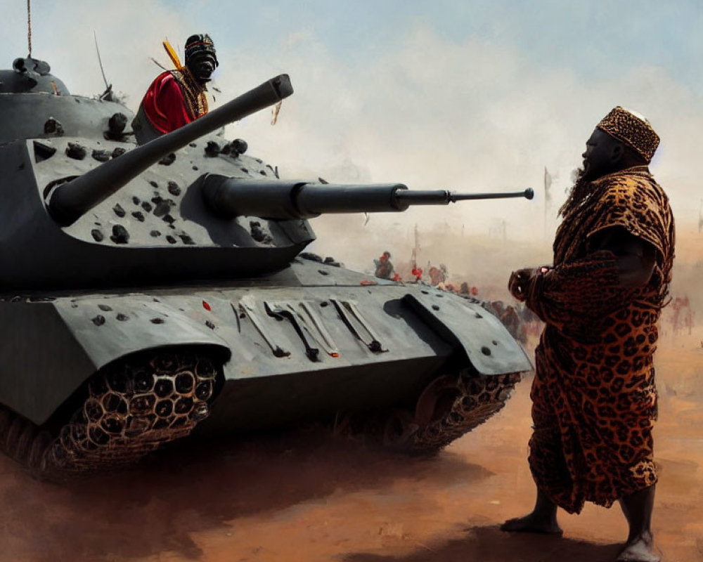 African man in traditional attire faces damaged tank in tense standoff