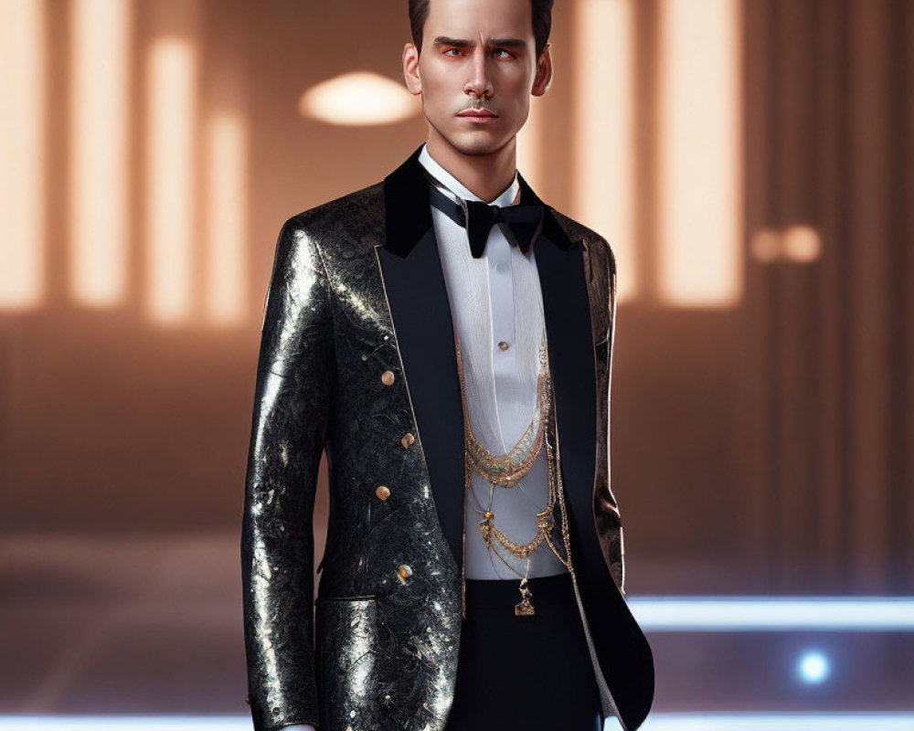 Elegant man in black tuxedo with glittering jacket and bow tie