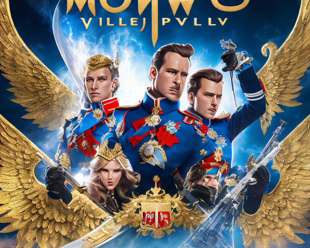 Stylized movie poster with two male and one female characters in ornate military uniforms against golden wings