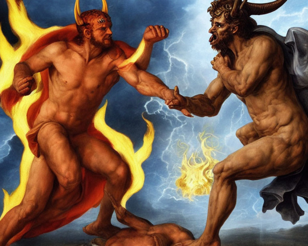 Mythological beings in combat with fire and defeated figure