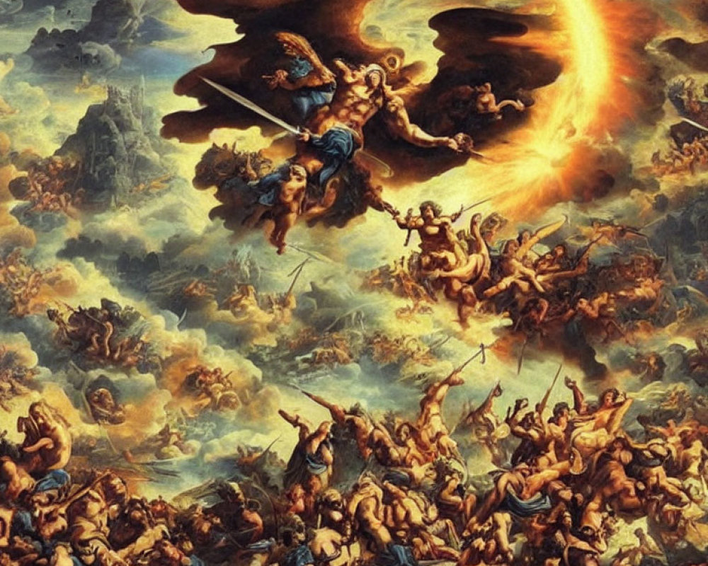 Angels and demons clash in dramatic battle scene above chaotic battlefield