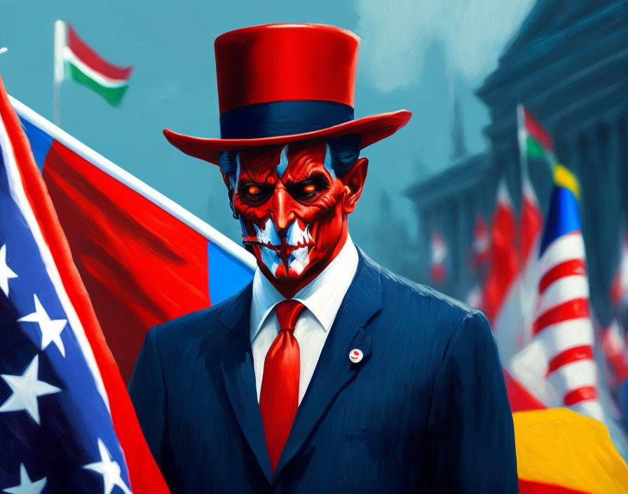 Red-faced devil figure in suit and top hat among national flags