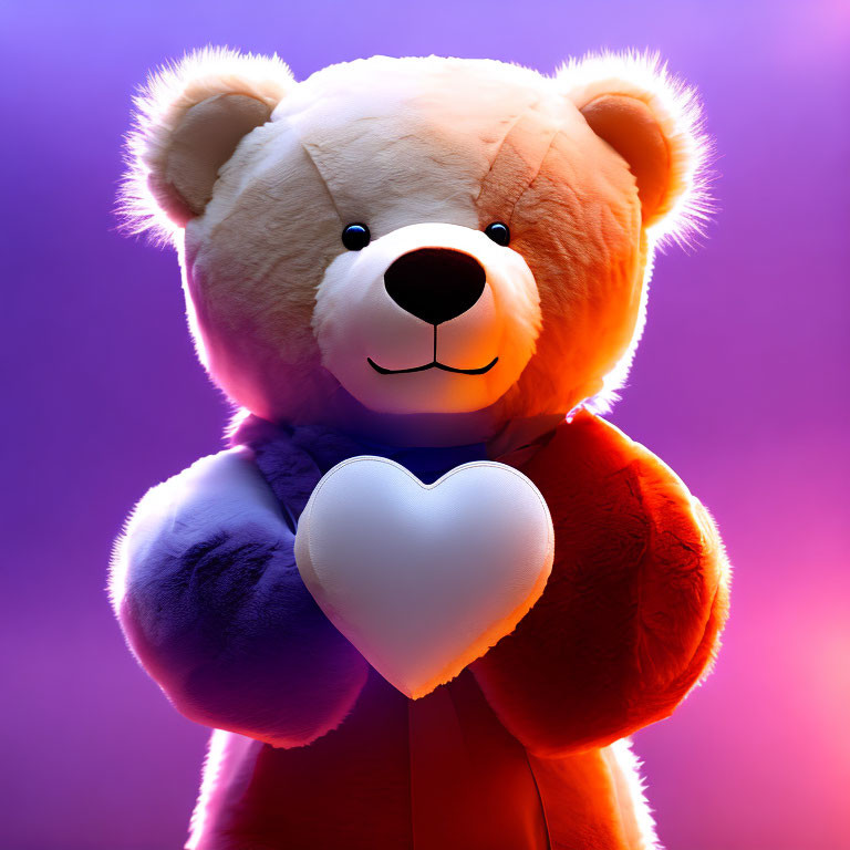 Soft White and Tan Plush Teddy Bear Holding Heart on Purple Backdrop