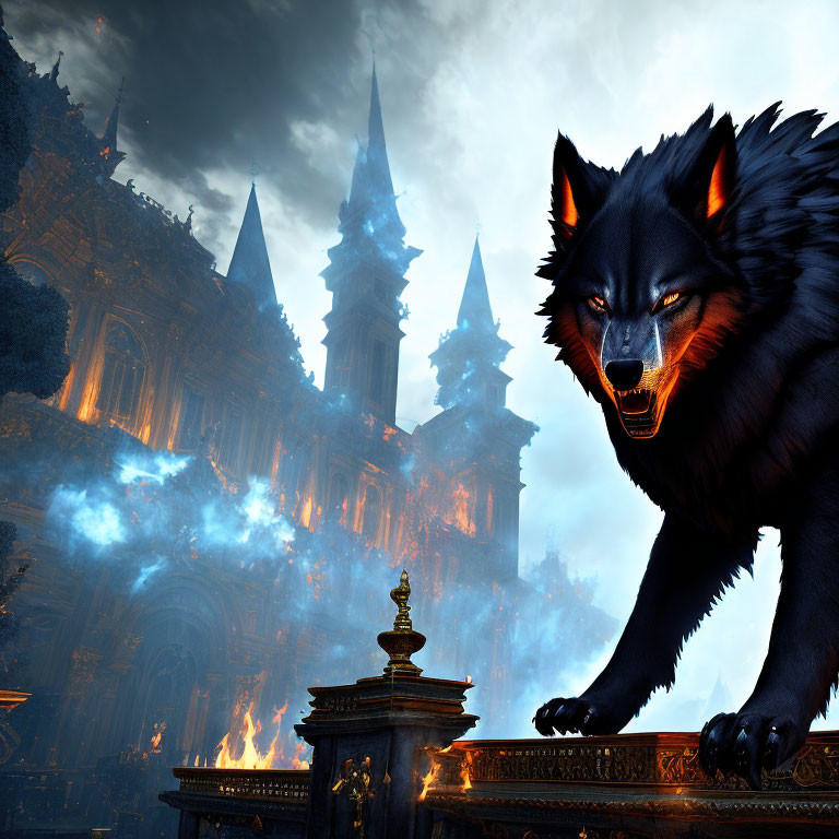 Mythical black wolf with glowing eyes in front of burning gothic building