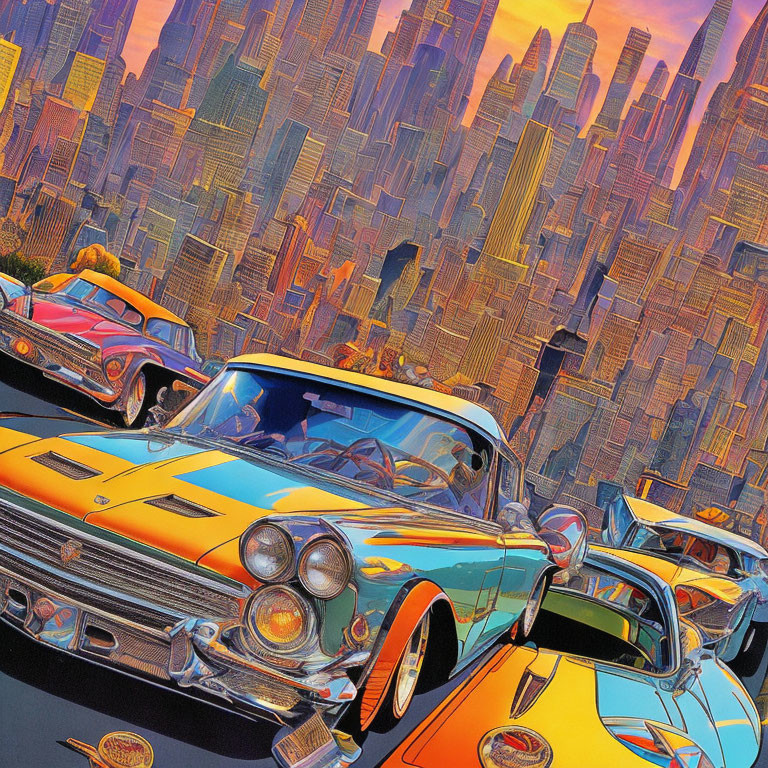 Vibrant retro cars in front of stylized cityscape with exaggerated skyscrapers