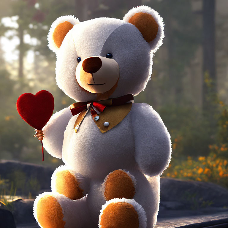 Plush Teddy Bear with Heart and Bow Tie in Golden Hour Forest