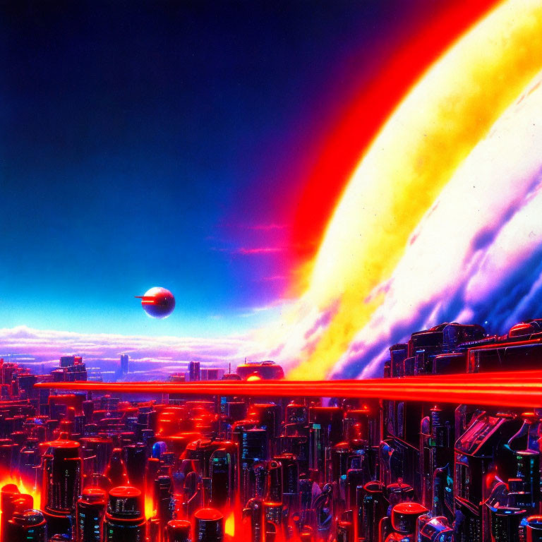 Futuristic cyberpunk cityscape with red and blue hues