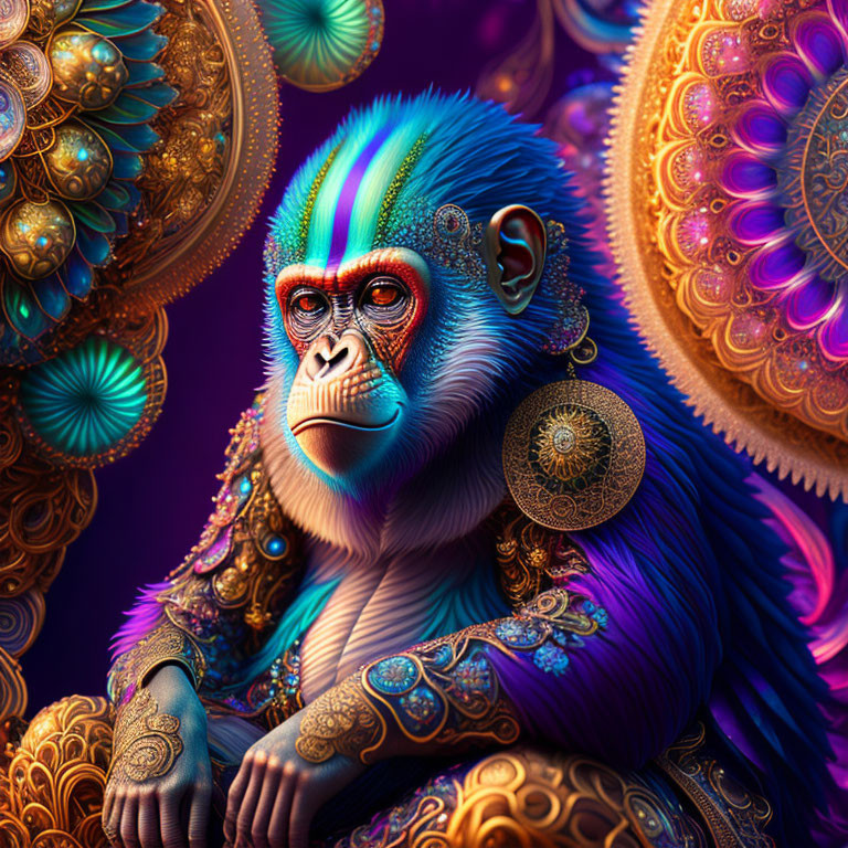 Colorful Mandrill Digital Artwork with Geometric Patterns and Ornate Details
