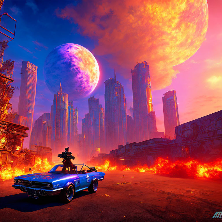 Vintage car with turret in fiery dystopian cityscape under vibrant sunset.