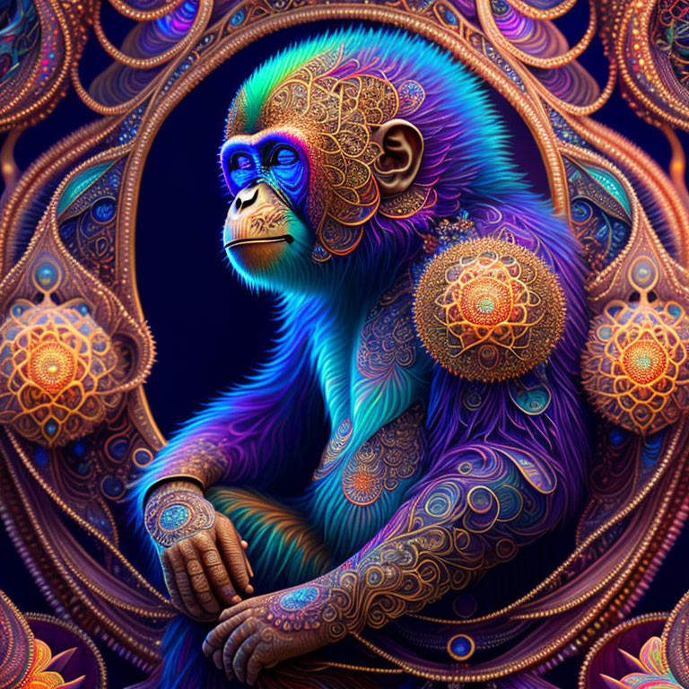 Colorful Digital Artwork: Contemplative Monkey with Mandala Patterns