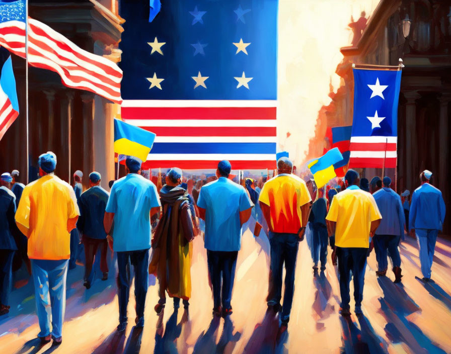 Colorful painting of crowd with American, Ukrainian, and Puerto Rican flags.