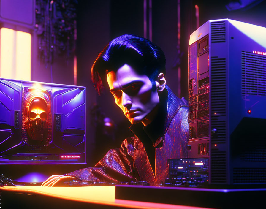 Man with slicked-back hair in neon-lit room with skull on computer screen