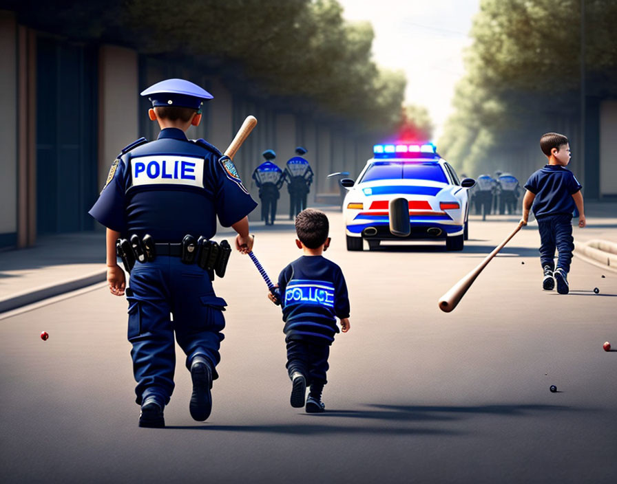 Children in police uniforms mimic adult officer with toy bats, police car in background