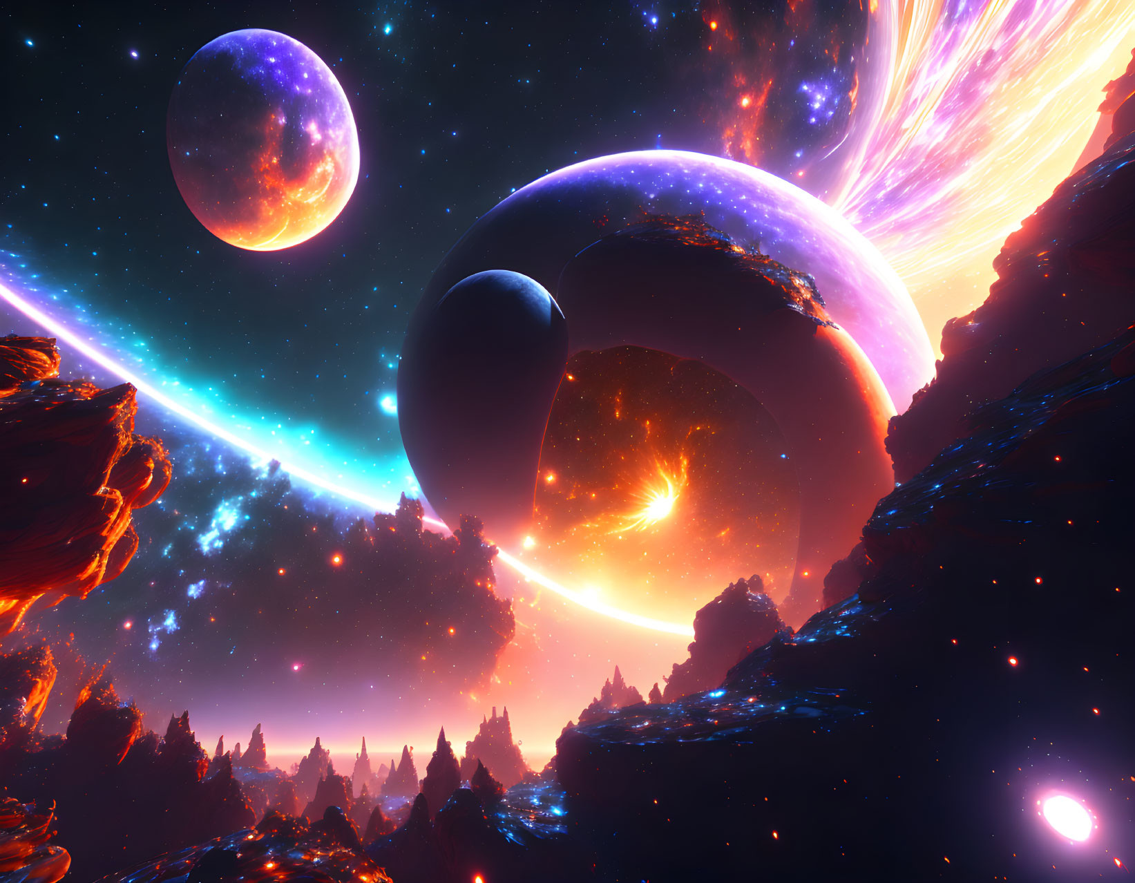 Colorful cosmic landscape with glowing planets and nebulae