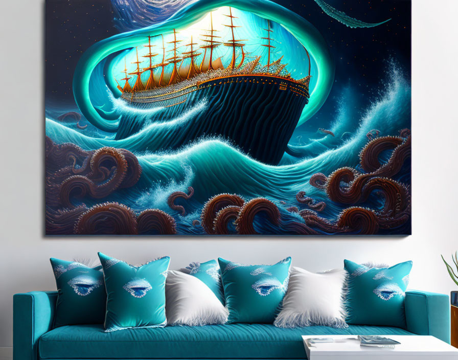 Surreal ship painting with eye-shaped waves above turquoise sofa