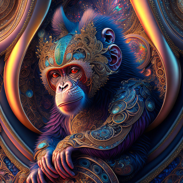 Colorful monkey illustration with intricate patterns and mystical headdress