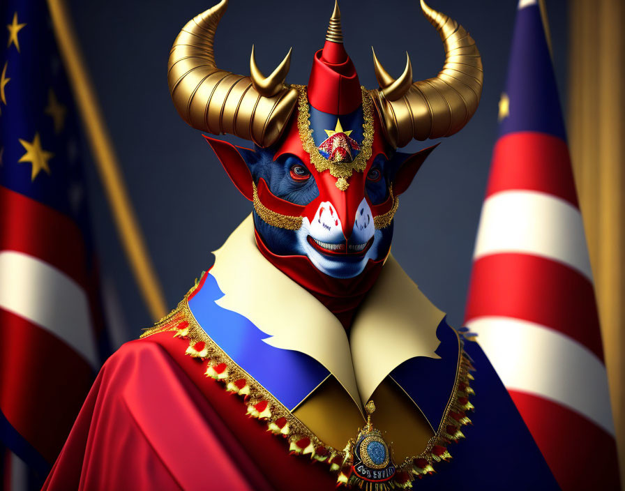 Regal anthropomorphic bull in cape and horns against blurred American flag
