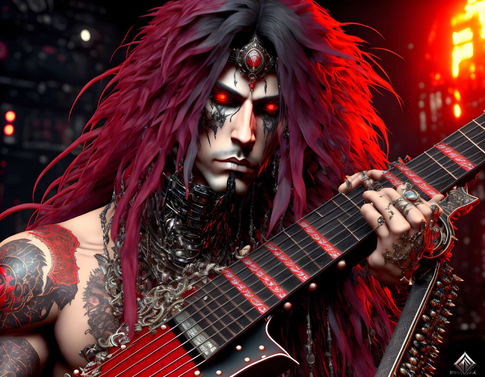 Intense character with red eyes and hair playing electric guitar